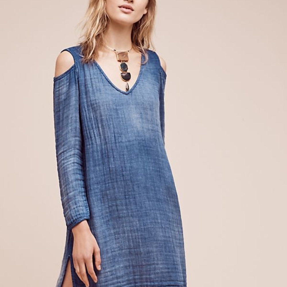 Anthropologie Open-Shoulder Chambray Shift